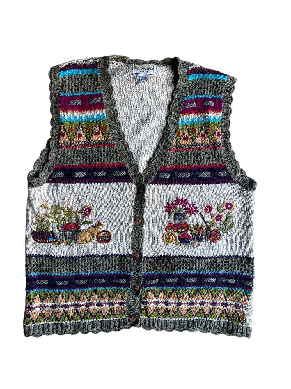 Napa Valley Women's Vintage Knit Vest FALL Embroidered Size Medium Petites